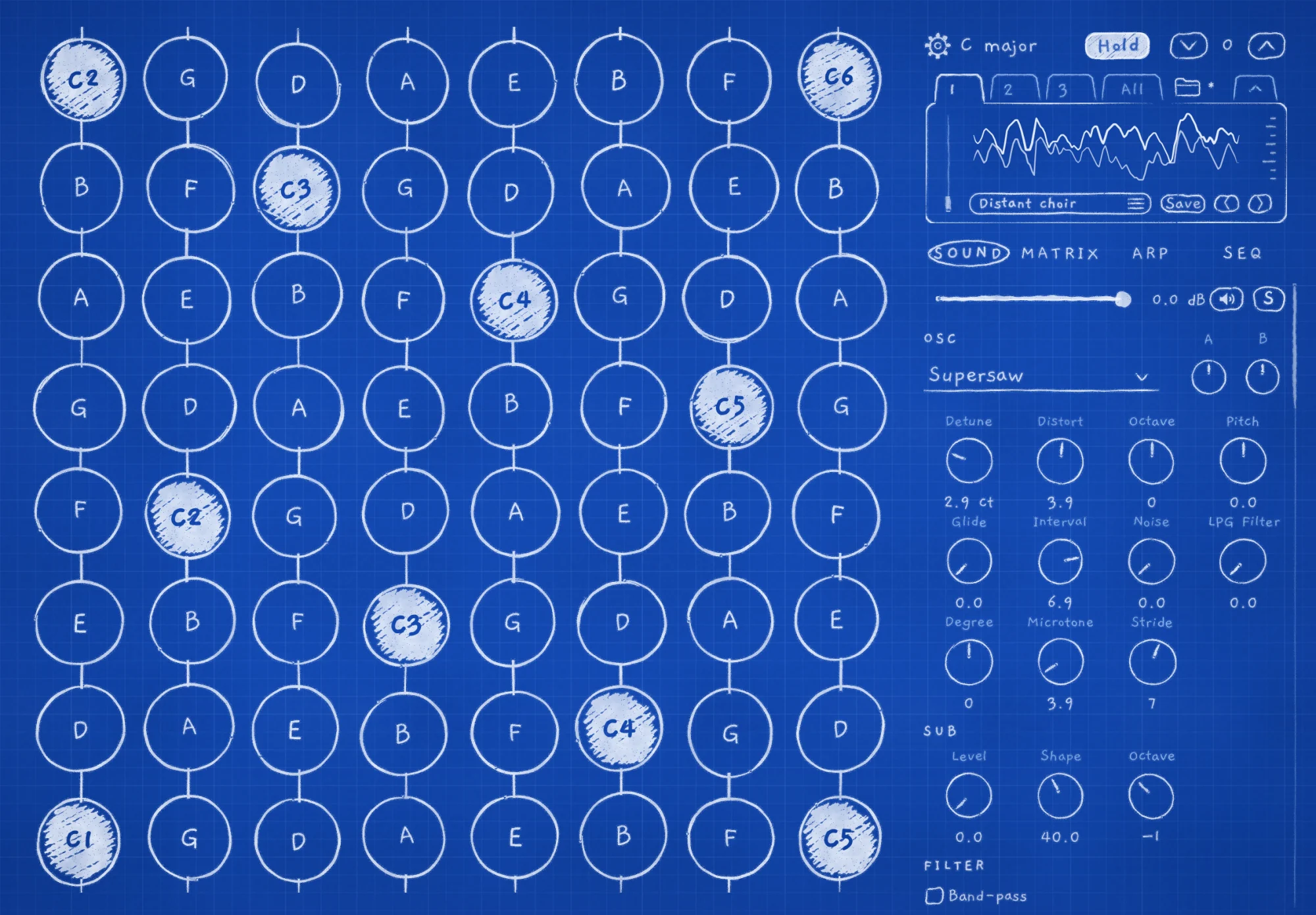 INK Synth on iPad in its Blue theme: the Grid, the sound card's live waveform and the Sound tab.