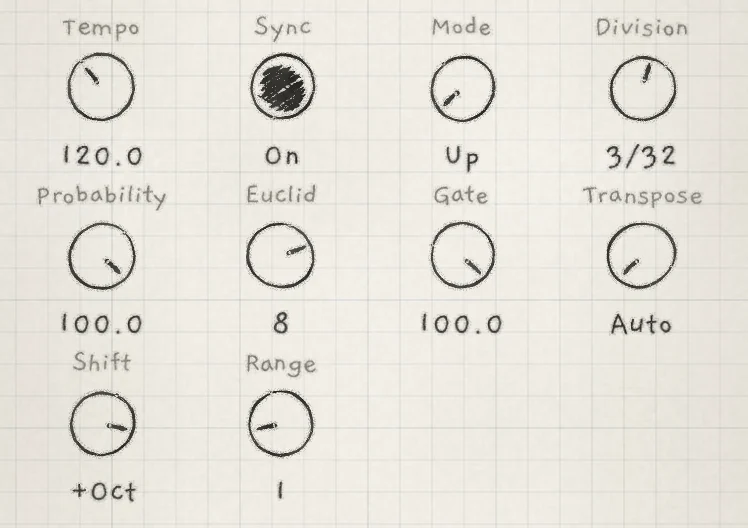 The Arp tab's controls: Init sound, new pattern.