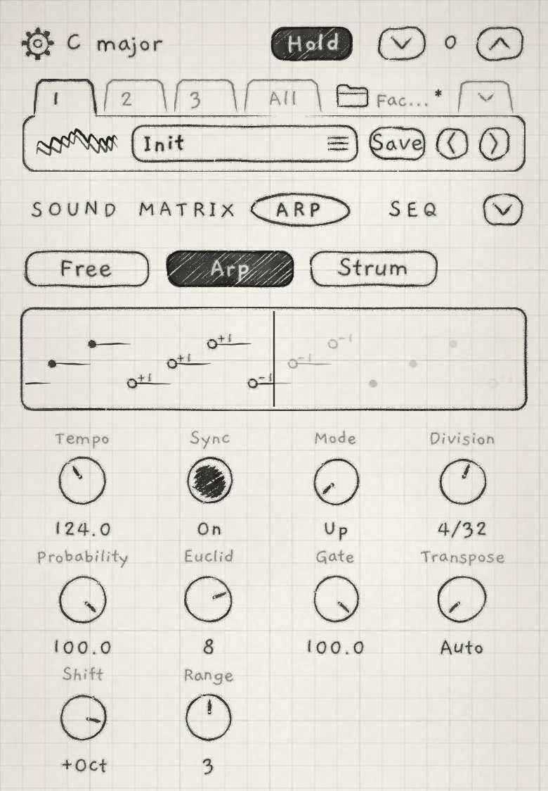 The Arp tab with three notes latched and Range at 3.
