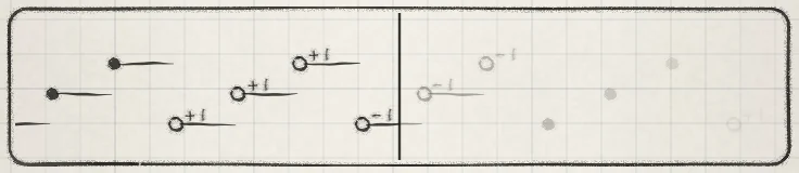 The trace with Range 3 on three notes: past steps left of the now line, the guess right of it.