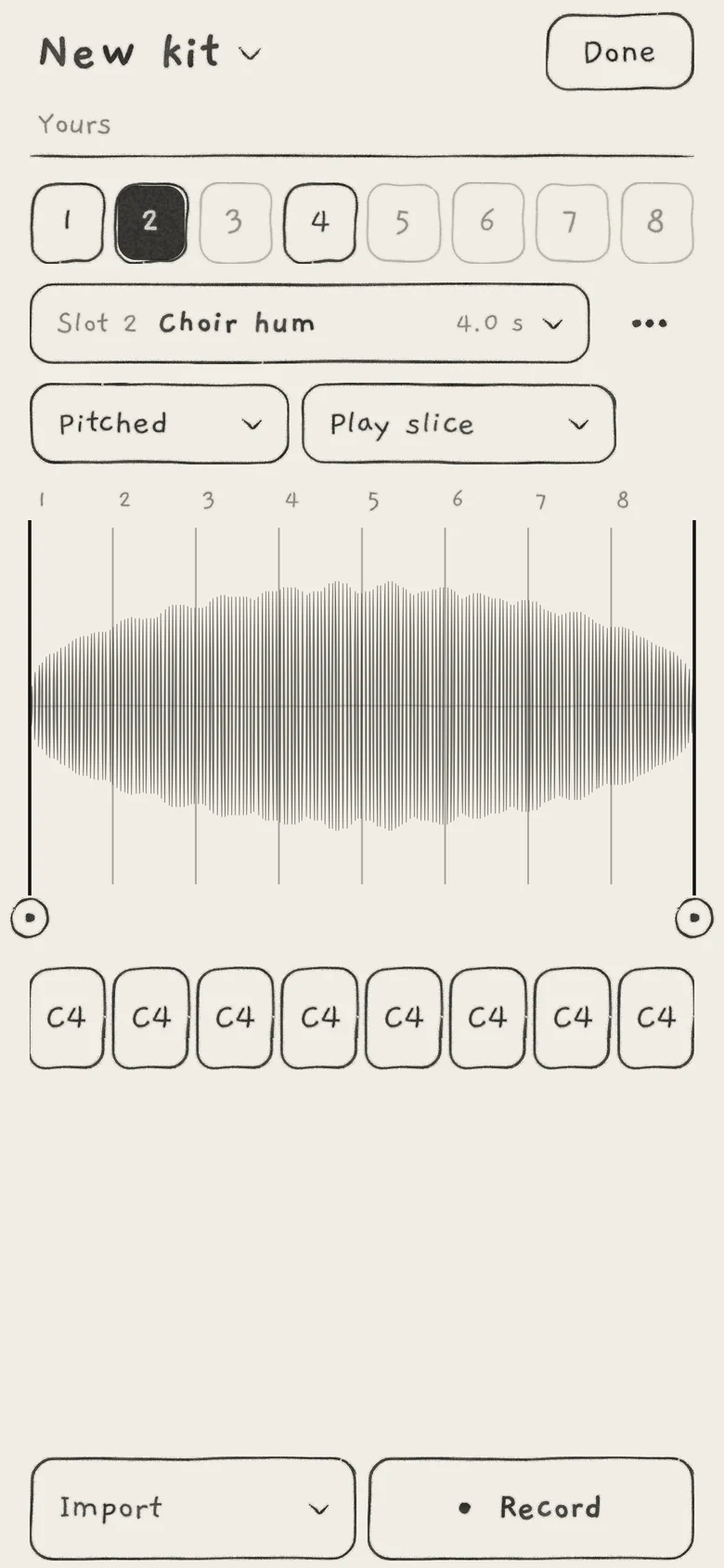 The kit view on a user kit, slot 2 chosen. Slots 3 and 5 to 8 are empty.