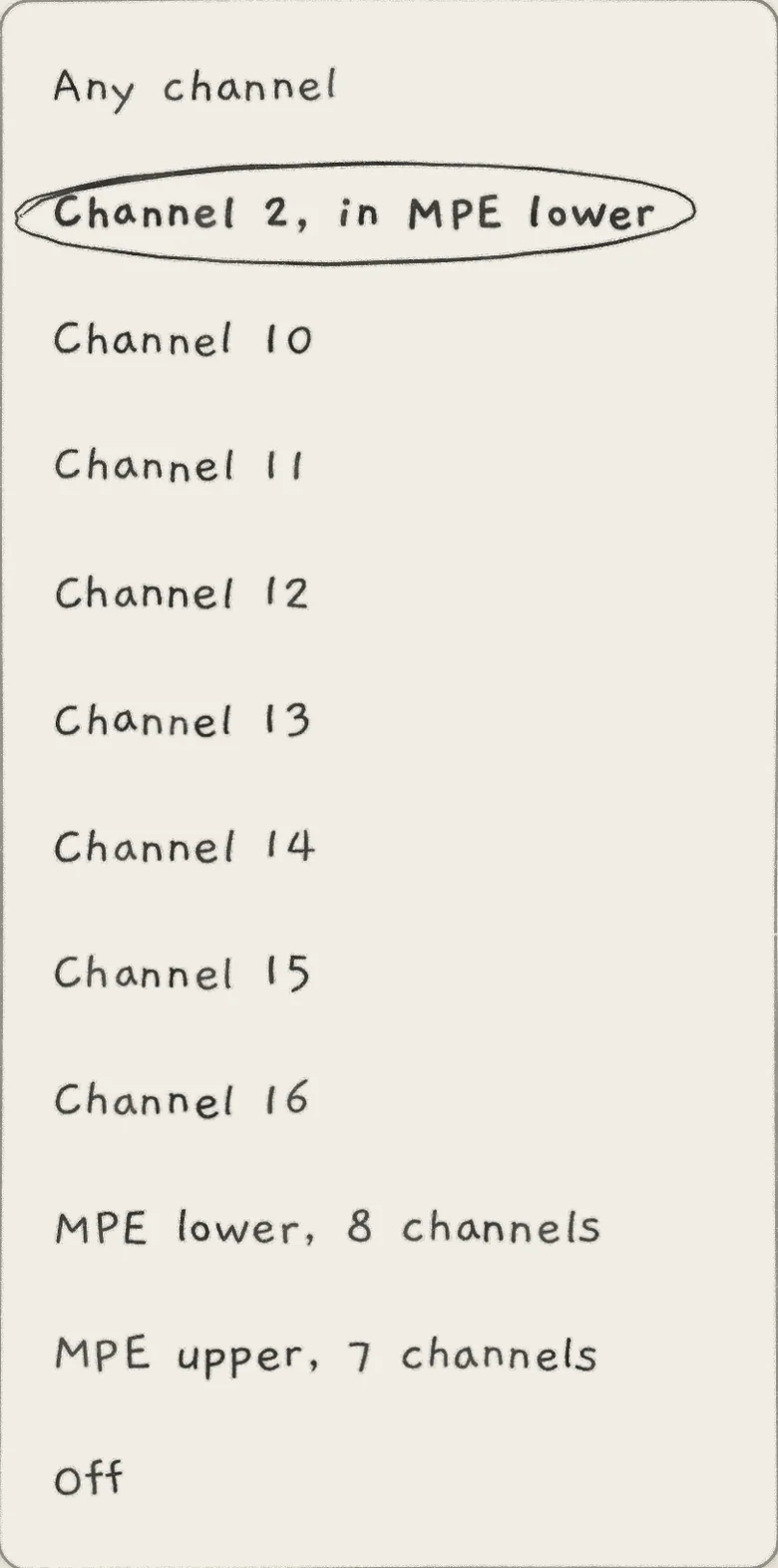 Engine 2's In list in MIDI Settings while Engine 1 has MPE lower: channels 1 to 9 belong to the zone, and Engine 2's own Channel 2 reads in MPE lower.