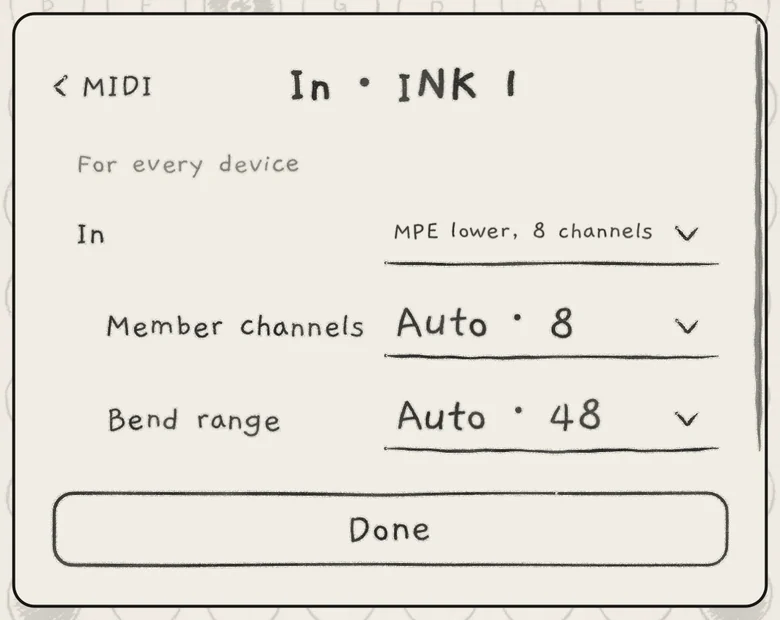 In · INK 1 on iPhone: Engine 1 on MPE lower, with Member channels and Bend range.