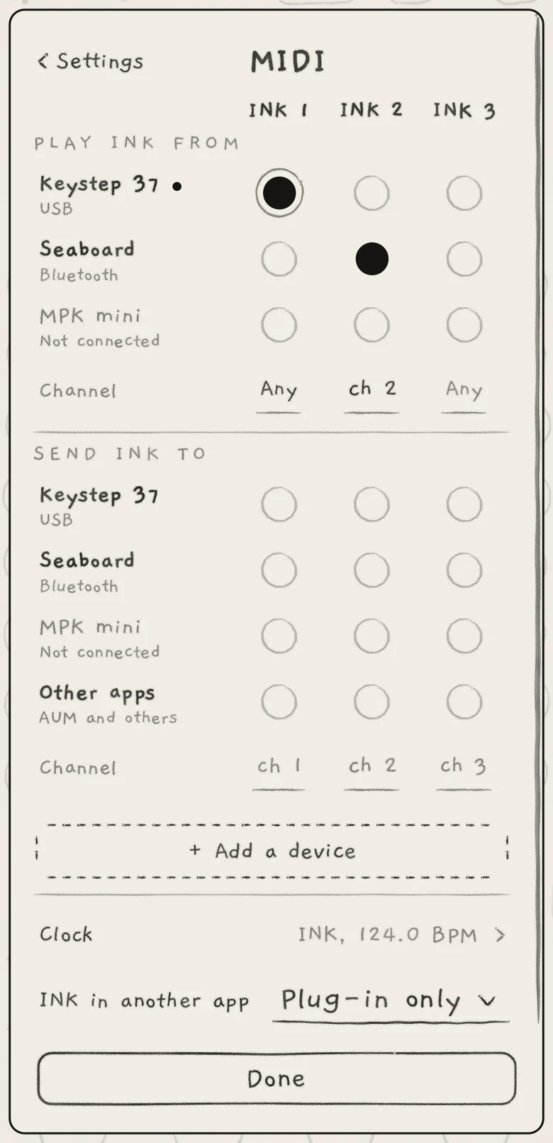 Settings › MIDI on iPhone: a USB keyboard plays INK 1, a Bluetooth controller INK 2 on channel 2; nothing reaches INK 3.