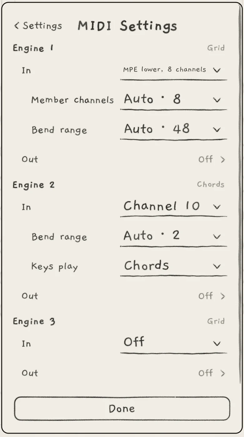 MIDI Settings: Engine 1 on MPE lower, Engine 2 a Chords engine on Channel 10, Engine 3 Off.