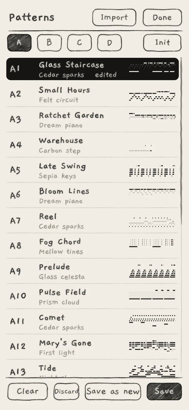 The pattern list with A1 edited.