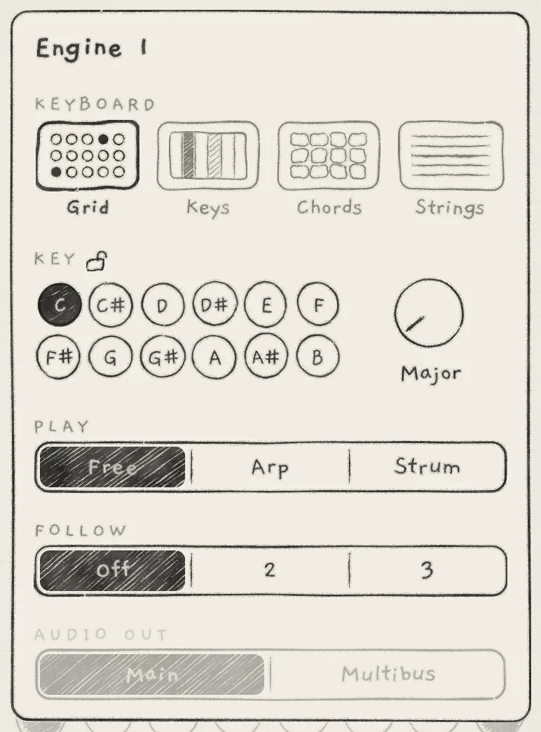 The engine sheet of Engine 1 in the standalone app. AUDIO OUT is greyed.