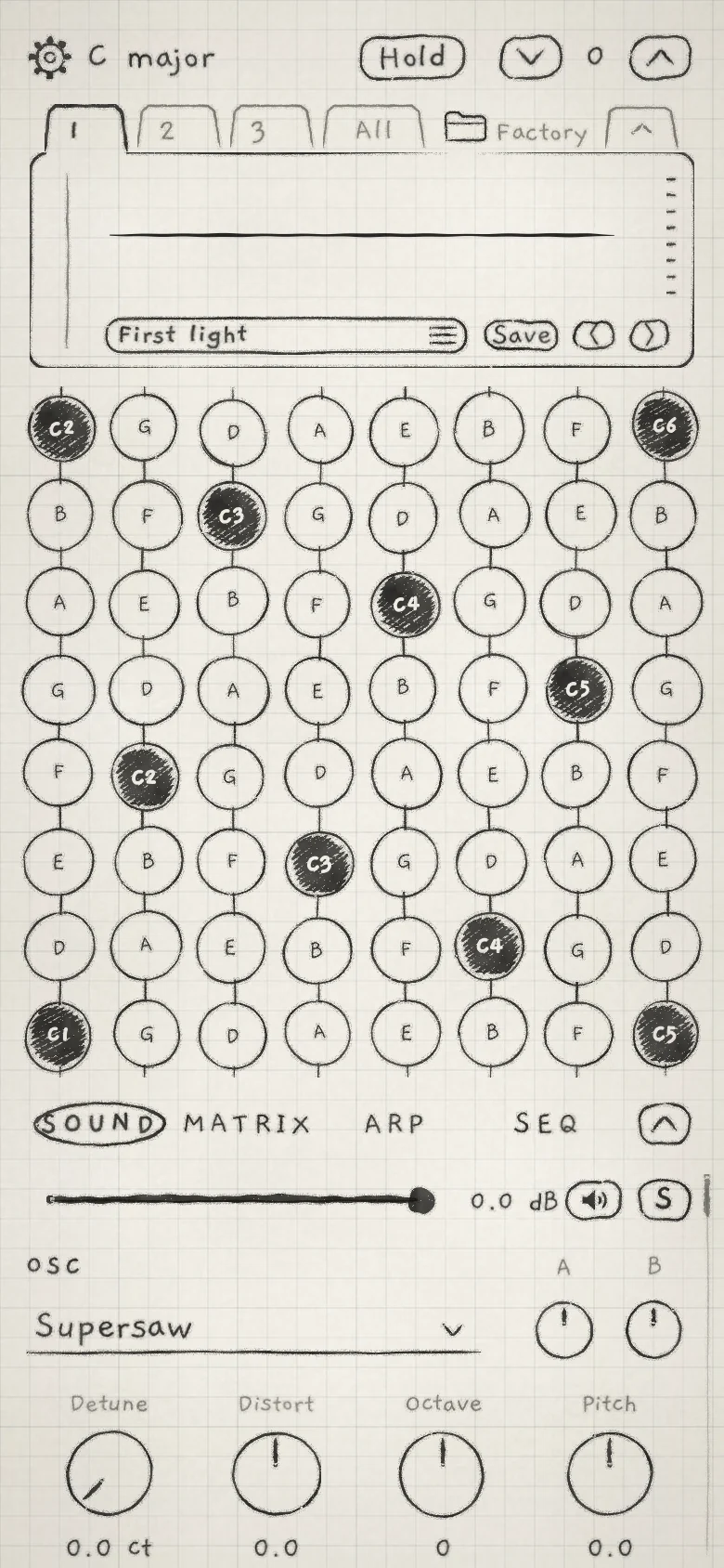 Engine 1 on the Sound tab, full keyboard.