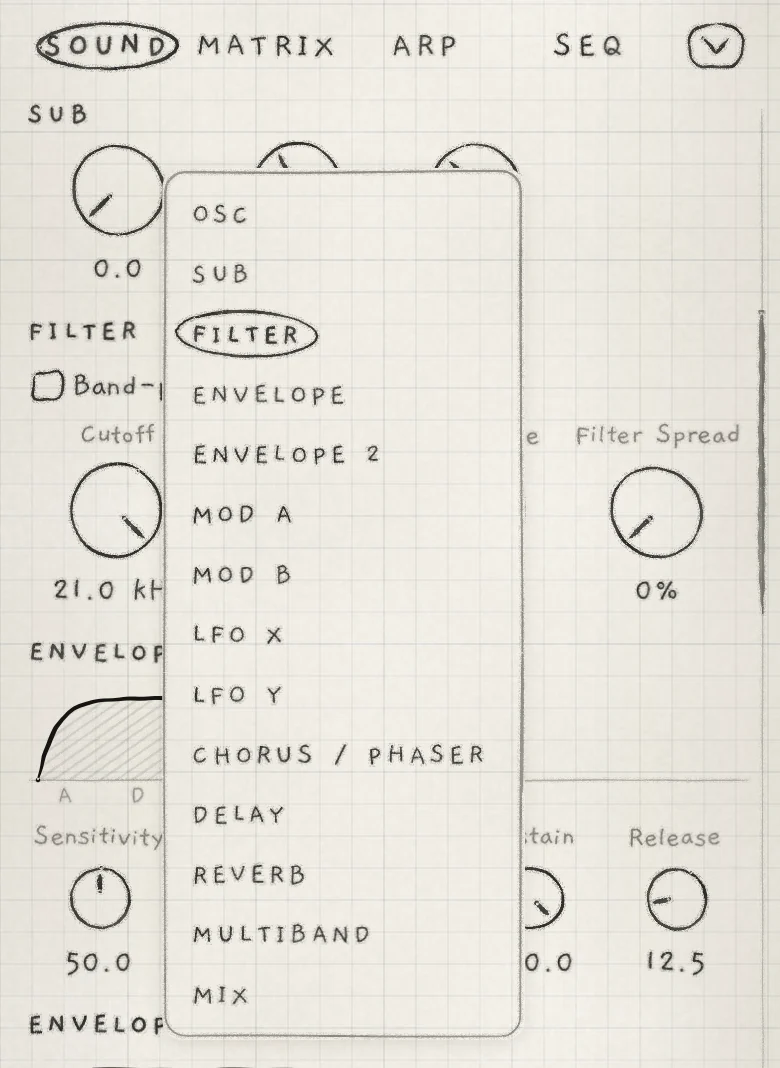 The section list opened from FILTER on a Supersaw sound.