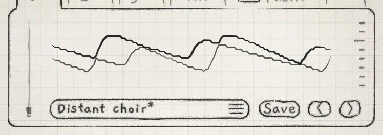 The card: level meter, waveform display, sound name (edited), Save and the previous and next arrows.