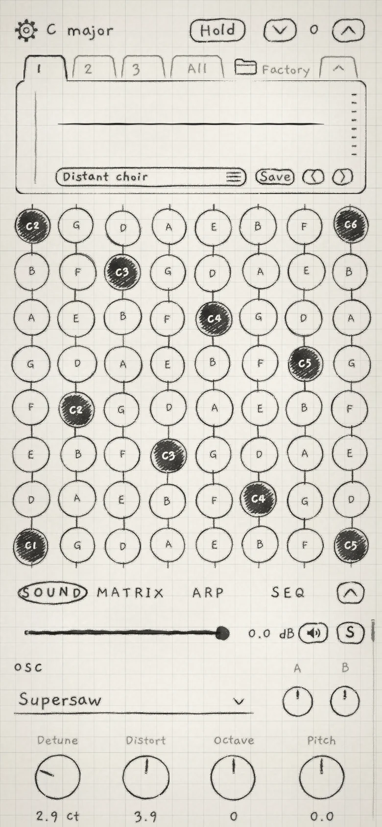 The first screen: Engine 1, the card, the Grid and the top of the Sound tab.