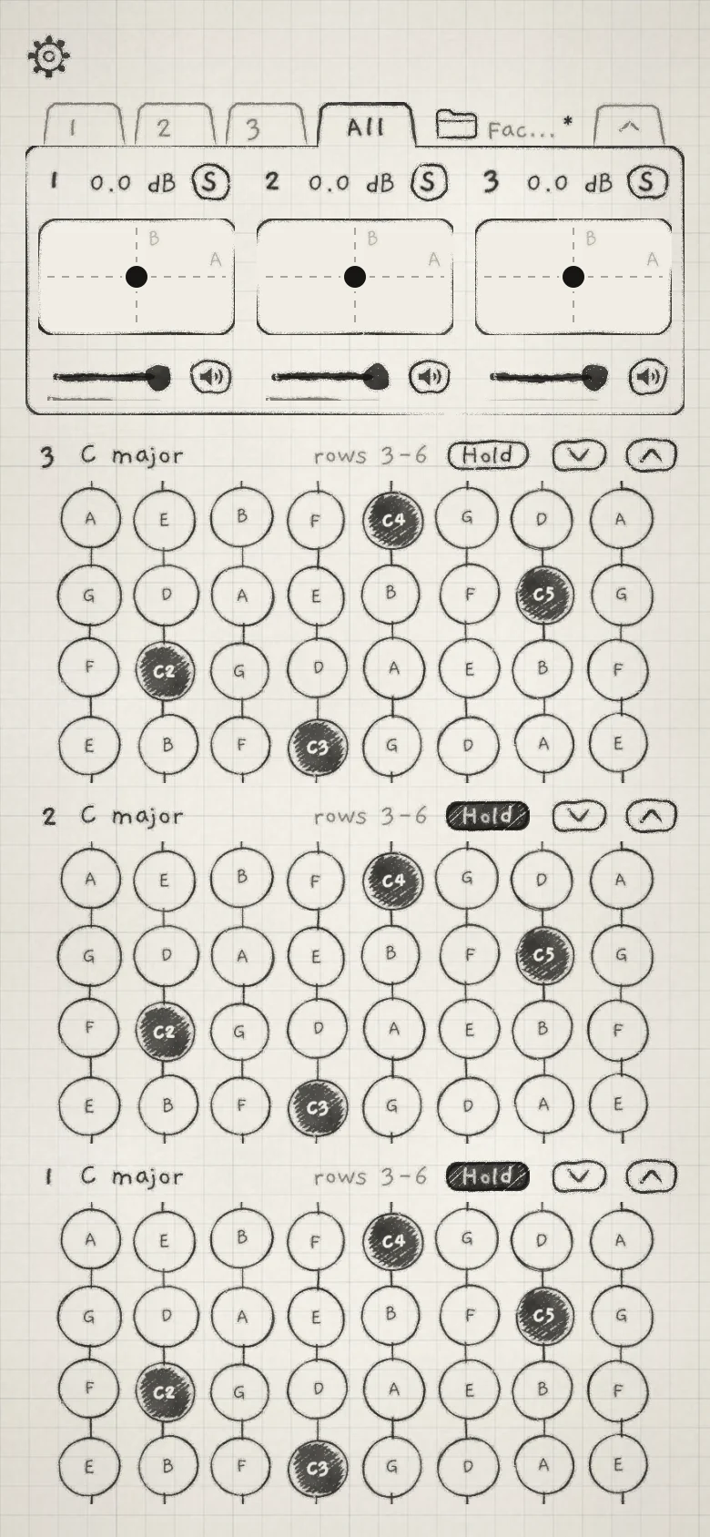 The All page: one mixer column per engine, then one keyboard band per engine, Engine 3 on top.