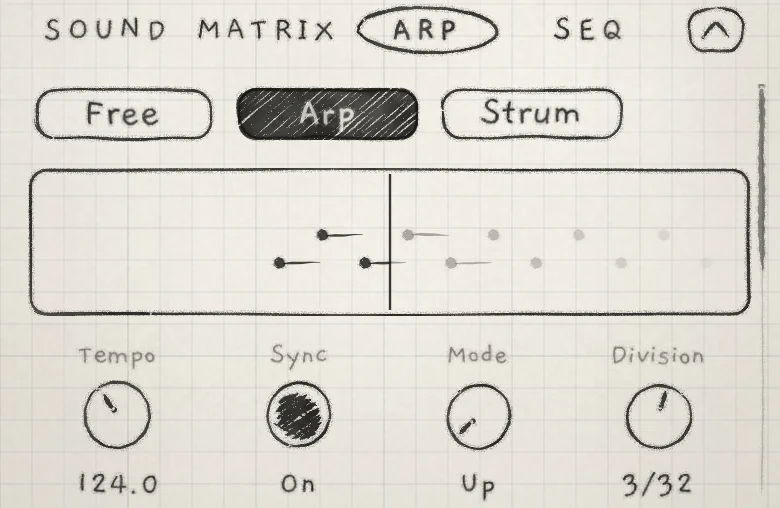 The Arp tab set to Arp, with two latched notes in the trace.