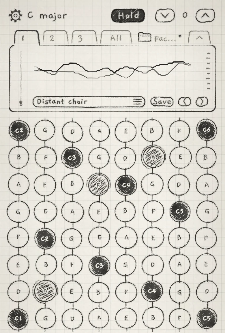 Hold on, three notes latched in three columns.