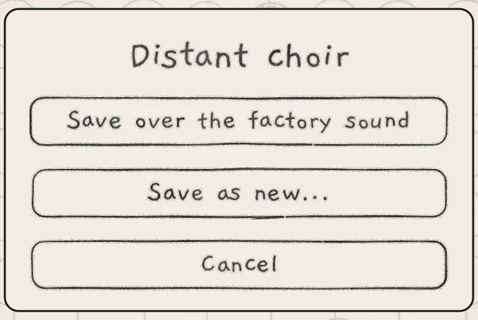 The Save sheet on an edited factory sound.