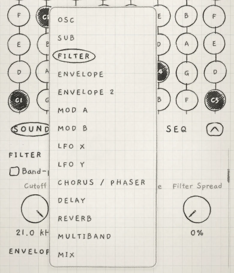 The section list on a Supersaw sound, opened from the FILTER title.