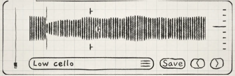 Low cello, one note held: the waveform display shows the slot's sample and a mark at each sounding grain's read position.