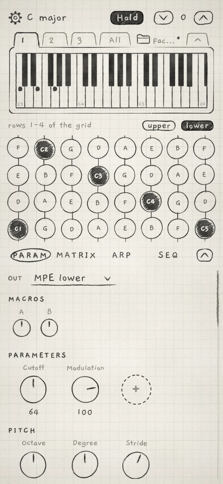 INK MIDI, Engine 1, Param tab: the card's piano, OUT, and two PARAM knobs.