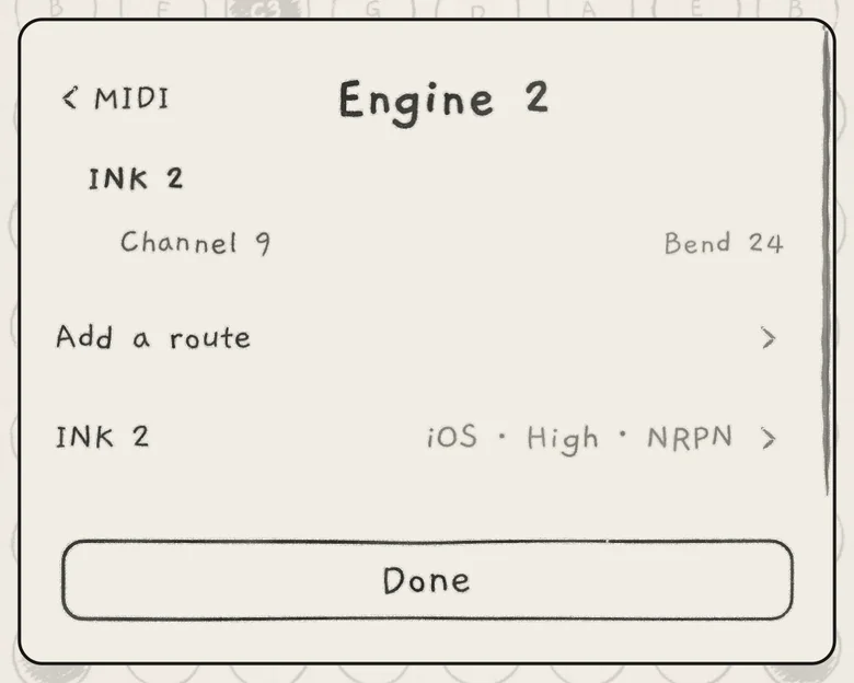 Engine 2's routes, opened from its Out pill: one route, and the INK 2 output row.