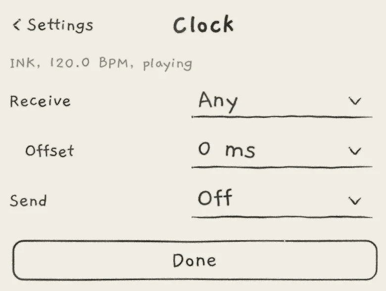 Clock page: INK's own clock at 120.0 BPM, playing; Receive Any, Offset 0 ms, Send Off.