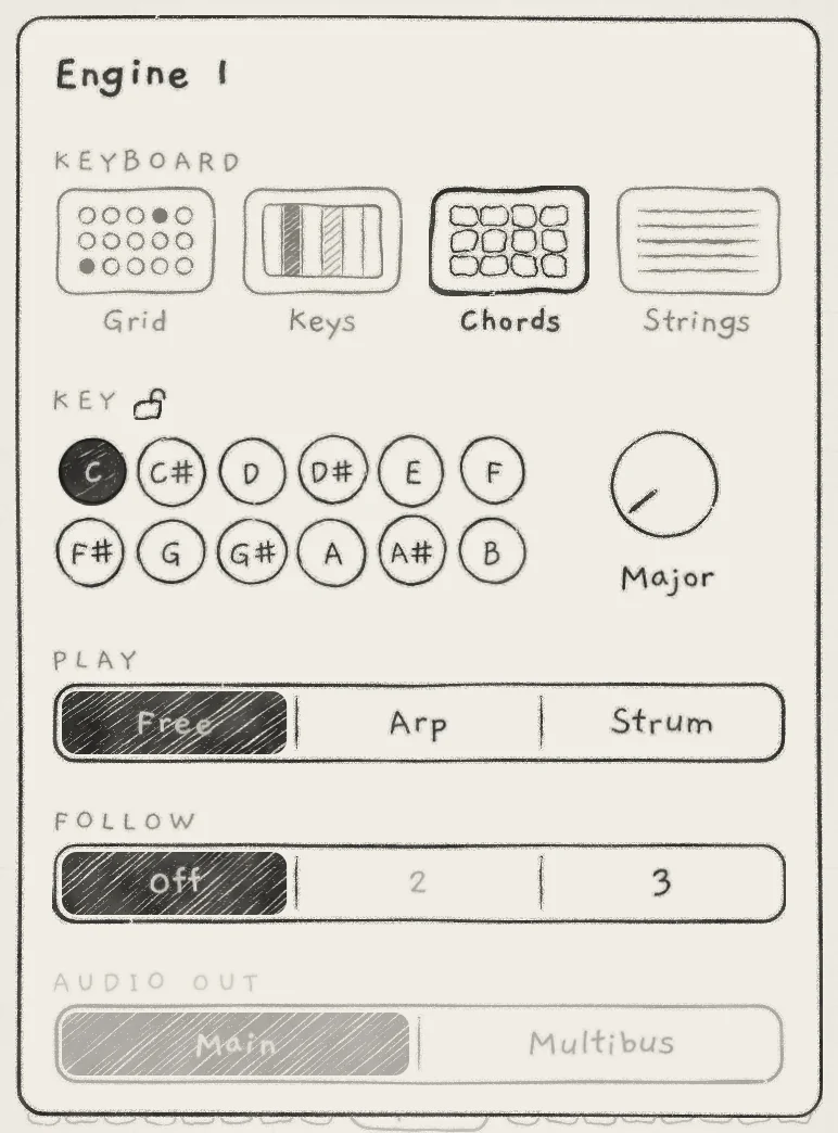 Engine 1 on Chords while Engine 2 follows it: FOLLOW is open, and 2 is greyed so the two cannot follow each other.