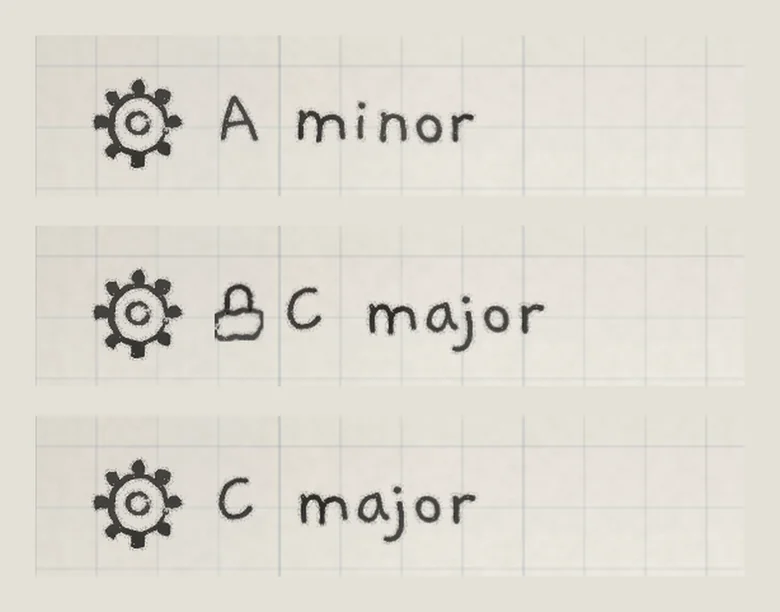Top rows of Engines 1, 2 and 3. Engine 2 is locked; Engine 1 was then set to A minor and moved alone.