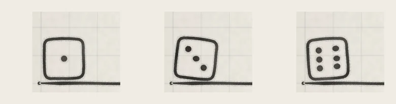 The dice after rolls that landed on 1, 3 and 6.
