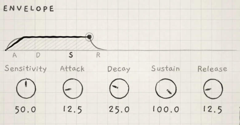 The ENVELOPE section on the Init sound, with a latched note at the Sustain level.