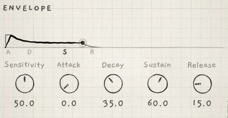 Keys: instant attack, decay to a held level below the peak.