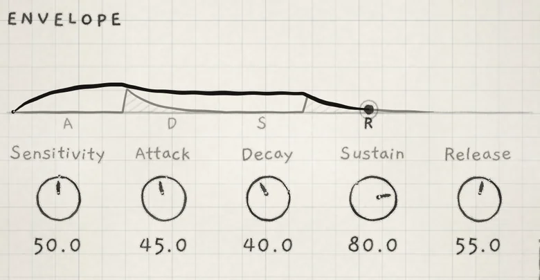 Pad: slow attack, high Sustain, long Release, drawn after the note was let go.