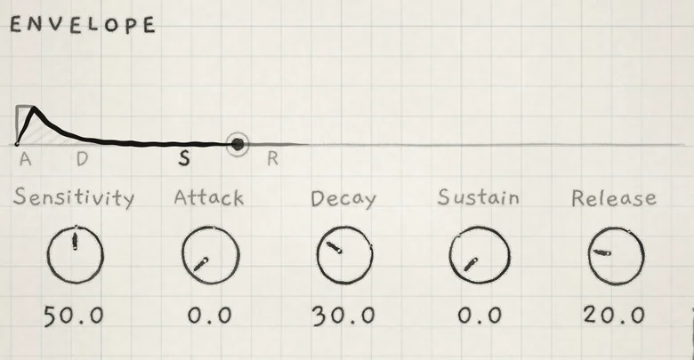Pluck: instant attack, decay to silence while the note is latched.