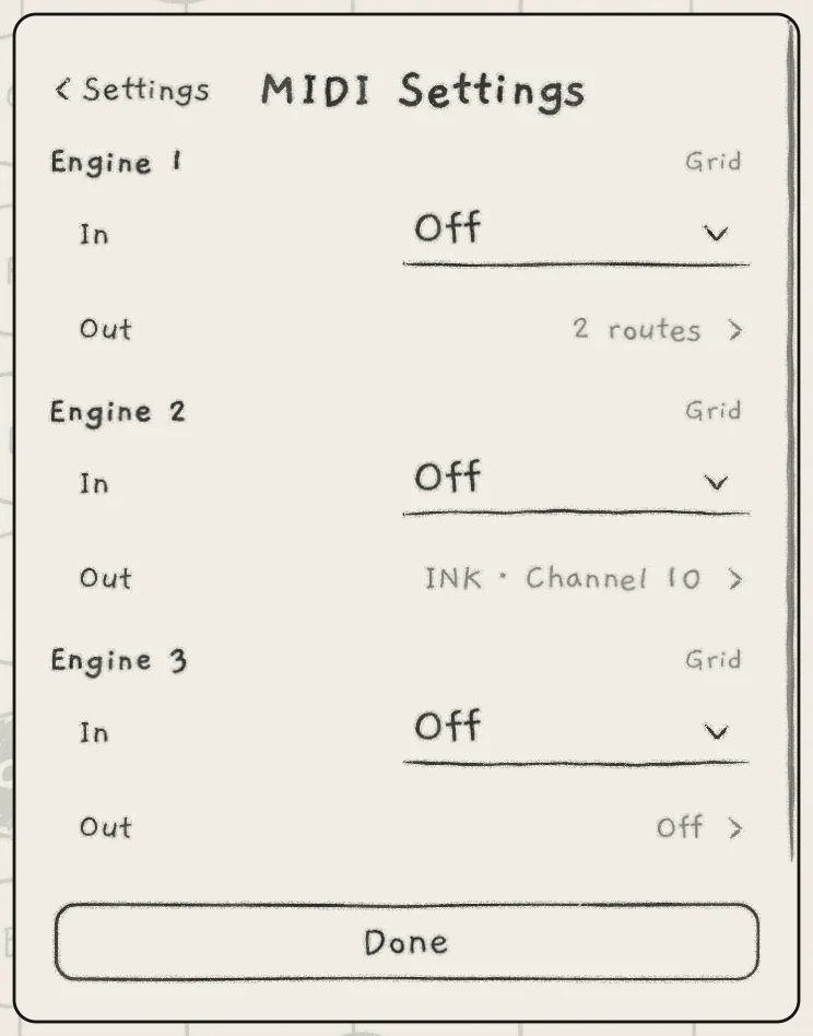 MIDI Settings: Engine 1 has two routes, Engine 2 one route on Channel 10, Engine 3 is Off.