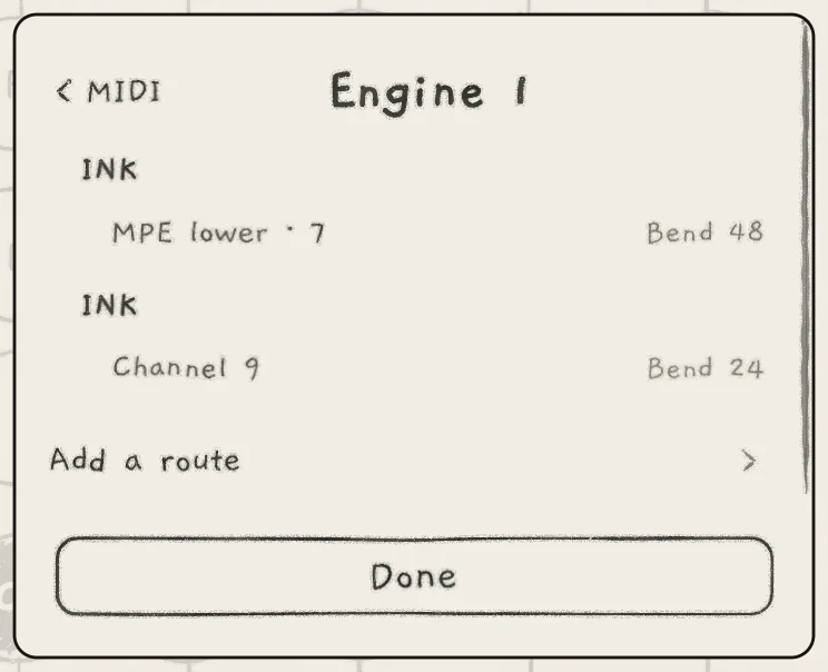 Engine 1's routes: MPE lower and Channel 9, both to INK.
