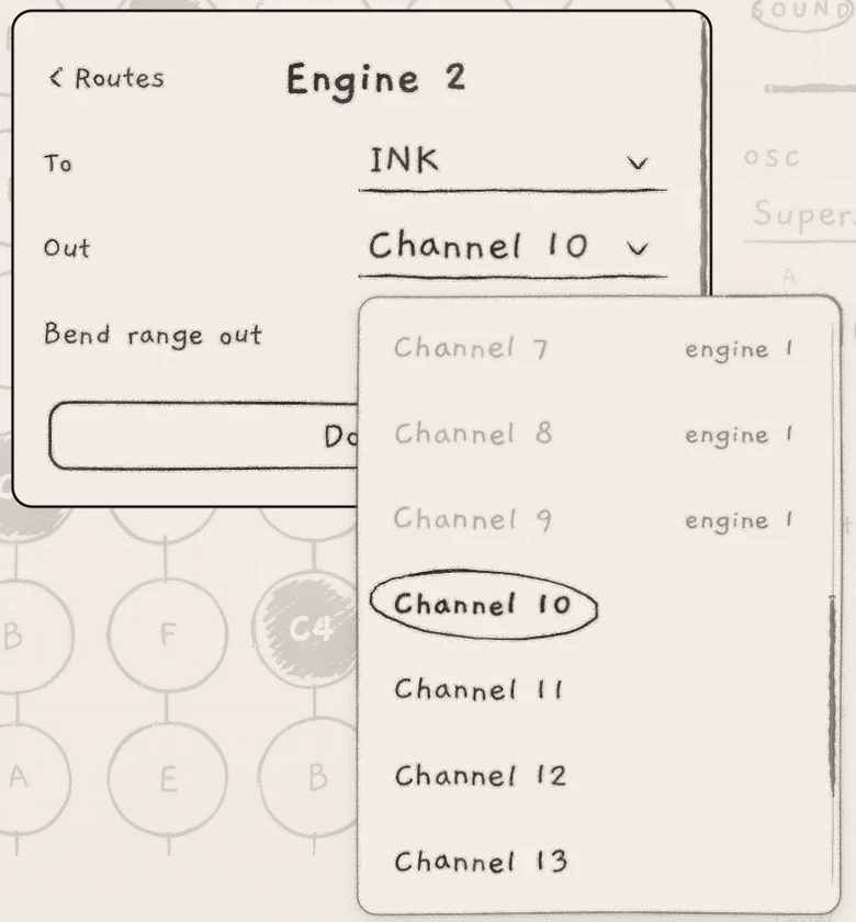 Engine 2's route on INK with the Out list open: the channels Engine 1 sends on are in pencil, marked engine 1.