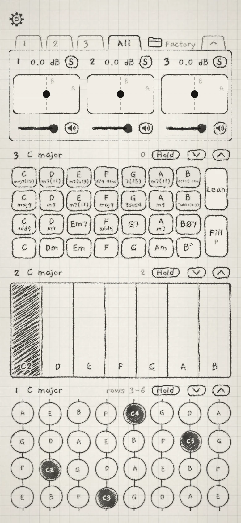 Bands on the Chords, Keys and Grid keyboards, Engine 3 on top.