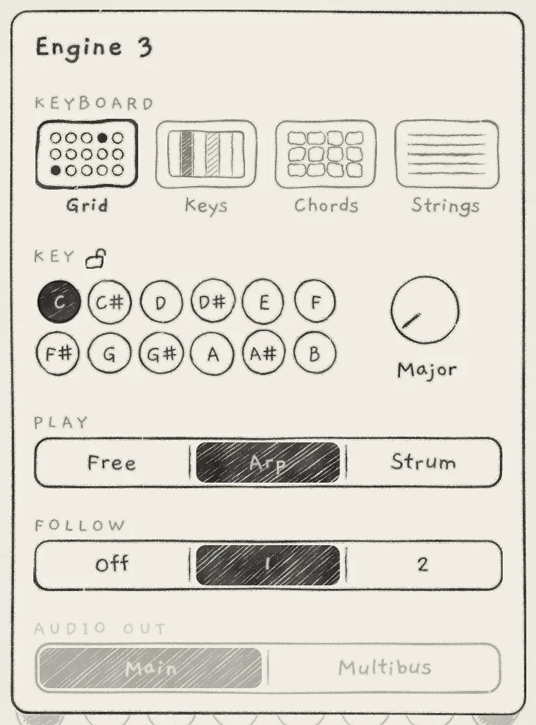 Engine 3's engine sheet: Grid, PLAY on Arp, FOLLOW on 1.