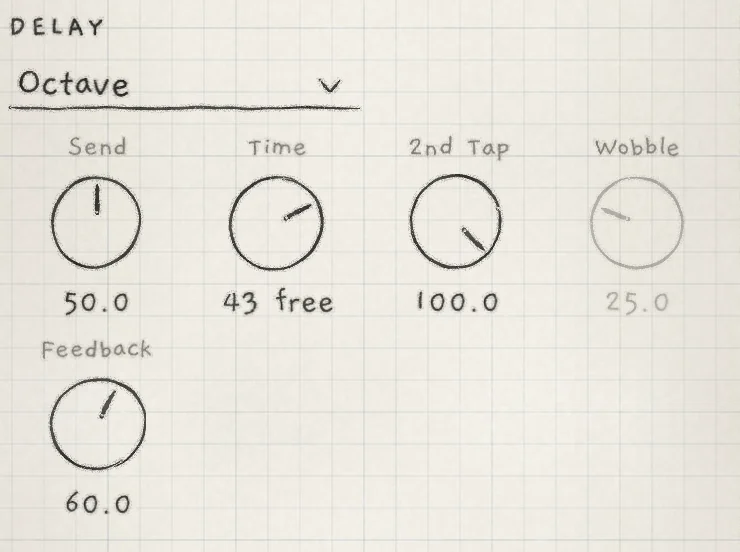 DELAY on Octave: Send 50.0, Time 43 free, Feedback 60.0. Wobble is greyed.