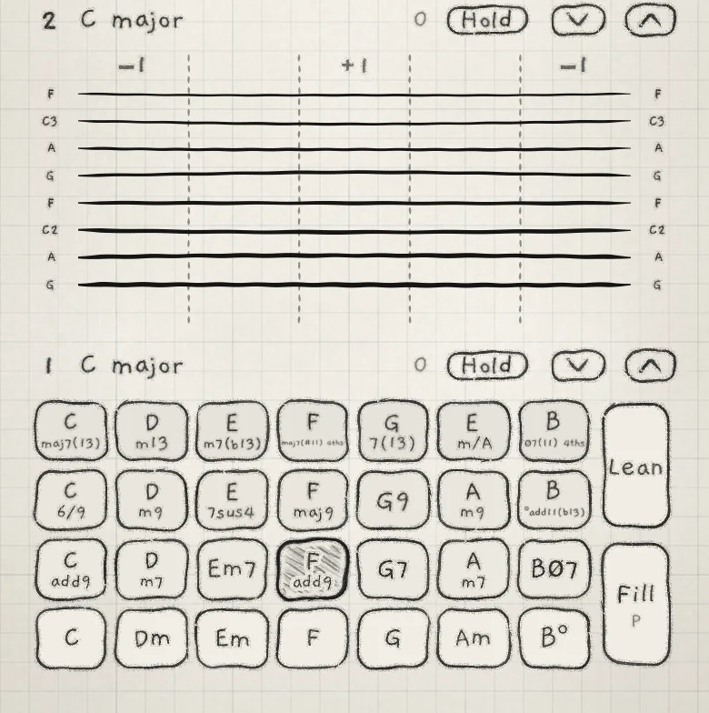 The All page: Fadd9 struck on Engine 1, Engine 2's strings retuned to F, A, C and G.