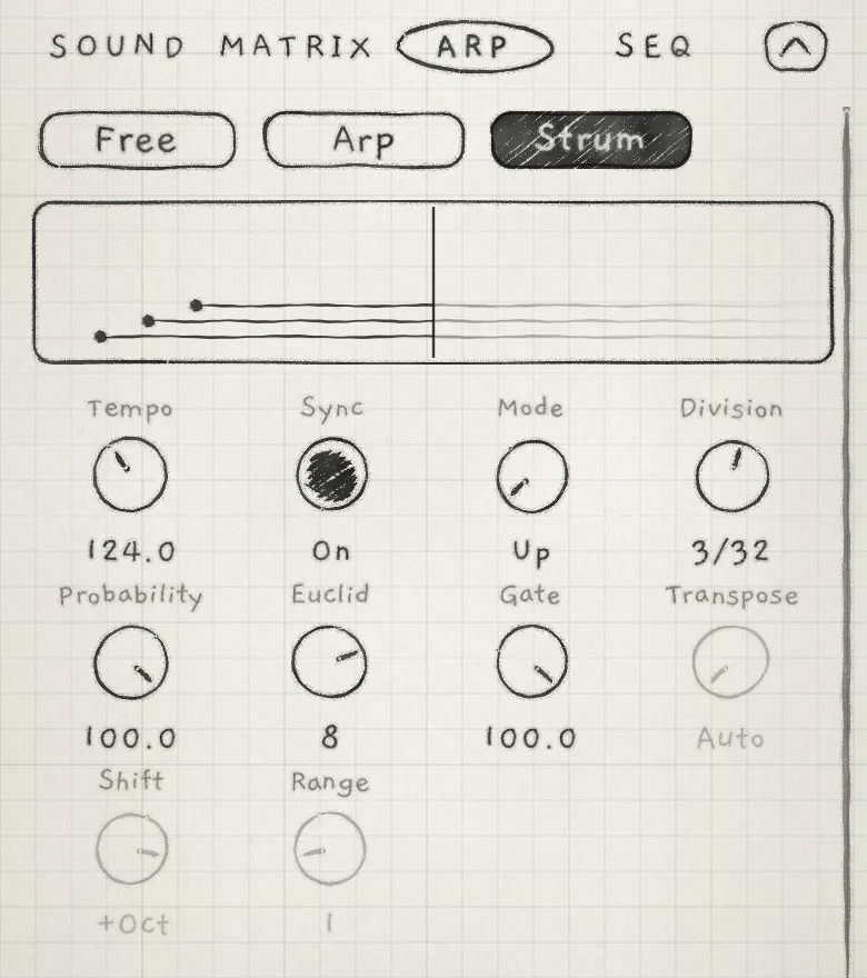Init's Arp tab on Strum after three notes, Division 3/32. Transpose, Shift and Range are greyed.