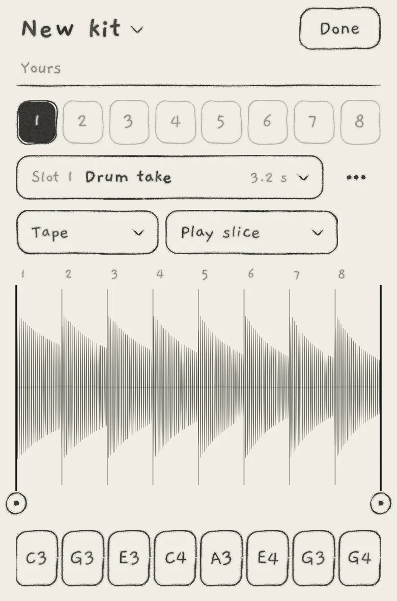 A new kit with a drum recording in slot 1: Tape, Play slice, slice lines on the hits.