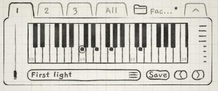 The chord piano with C add9 held: C4 ringed as the root, E4, G4 and D5 dotted.