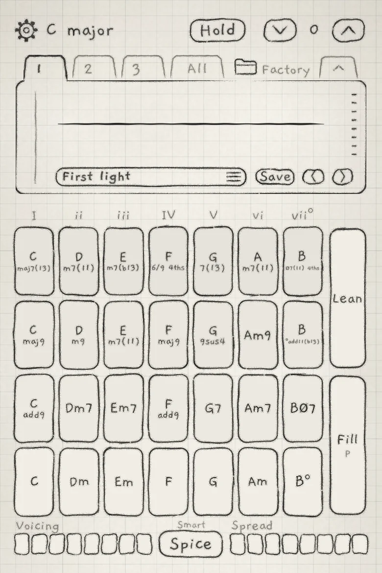 Engine 1 on Chords in C Major: seven columns, four rows, Lean and Fill on the right, the rails and Spice below.