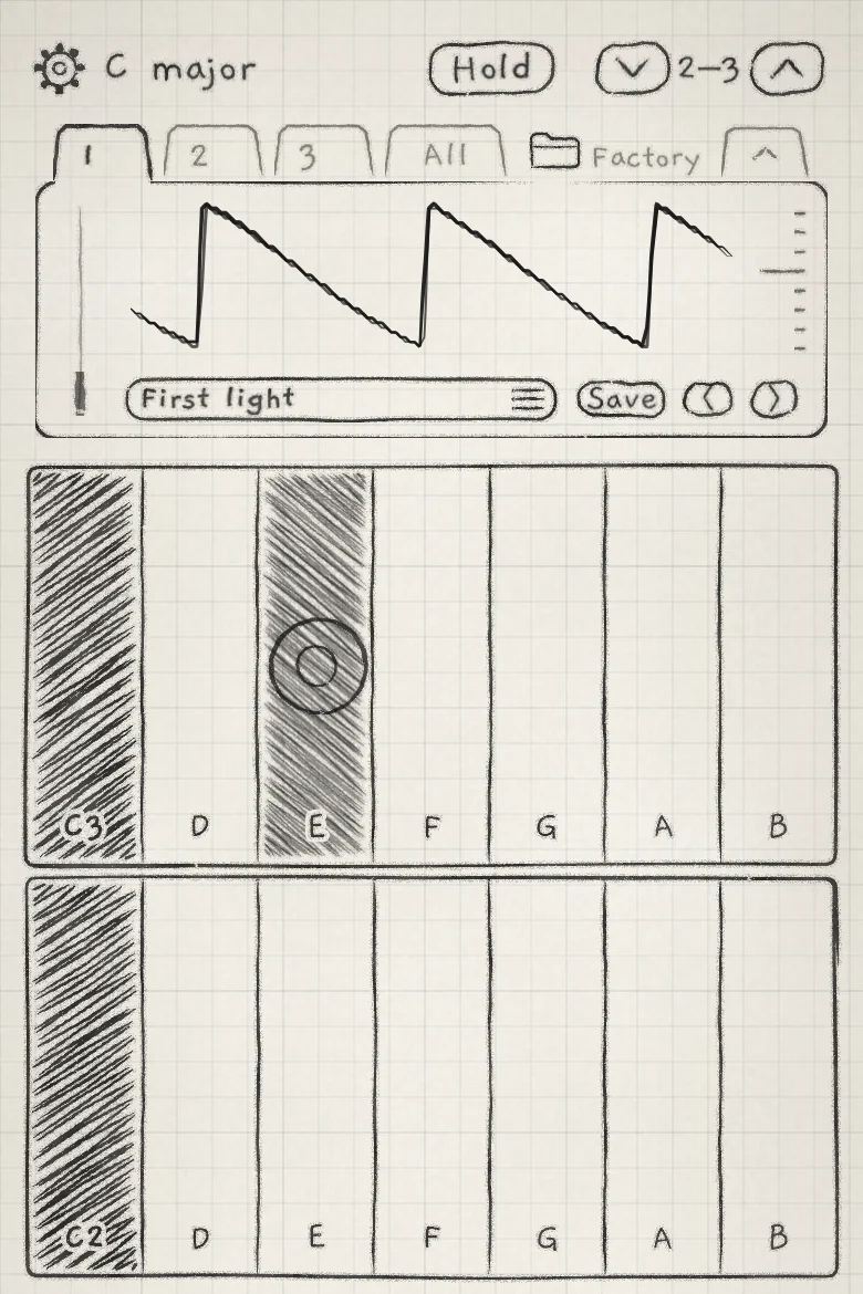Keys on an iPhone, upright: two rows of one octave, E pressed on the upper row.