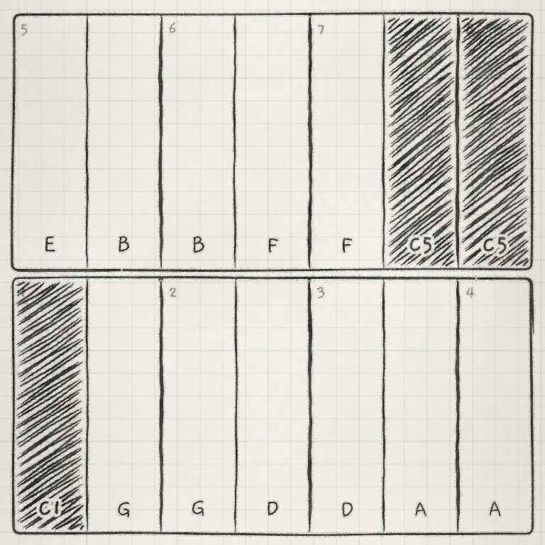 Keys on Cold strings, a Tape-mode Granular sampler sound: eight slice zones over two rows.