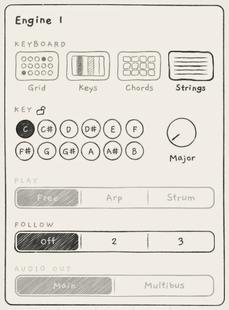 Engine sheet with Strings chosen: the PLAY row is greyed.