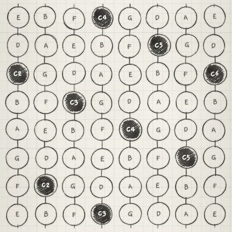 Degree 2: the layout starts two scale steps up, on E.
