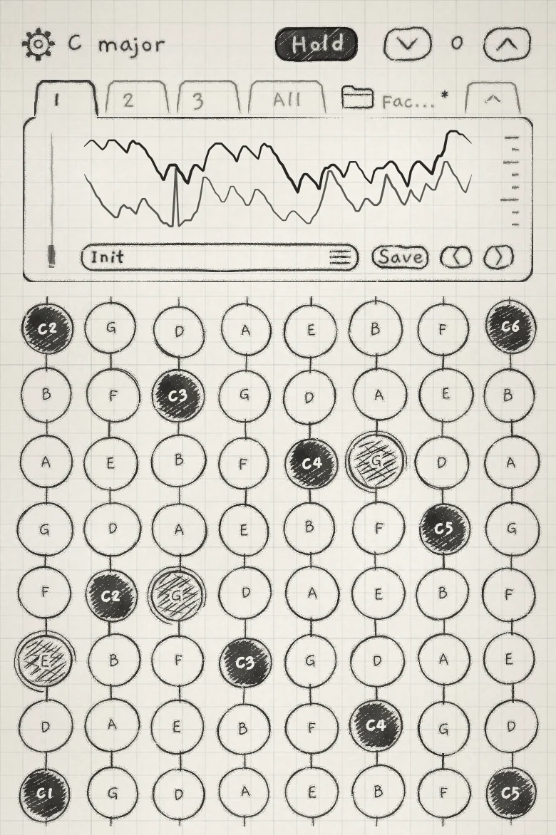 Hold on, three notes latched in three columns.