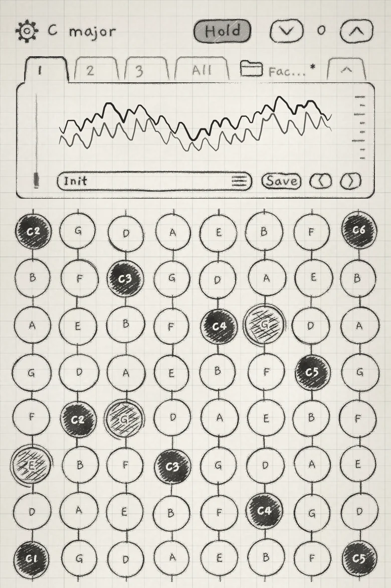 Hold off with the same notes still latched: the button is drawn pale.