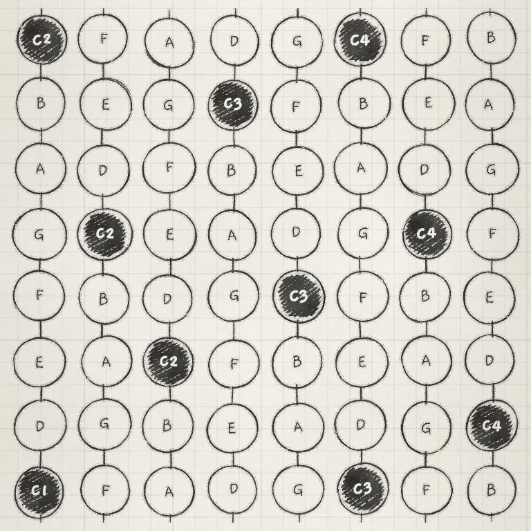 Stride 5: the bottom row reads C F A D G C F B.