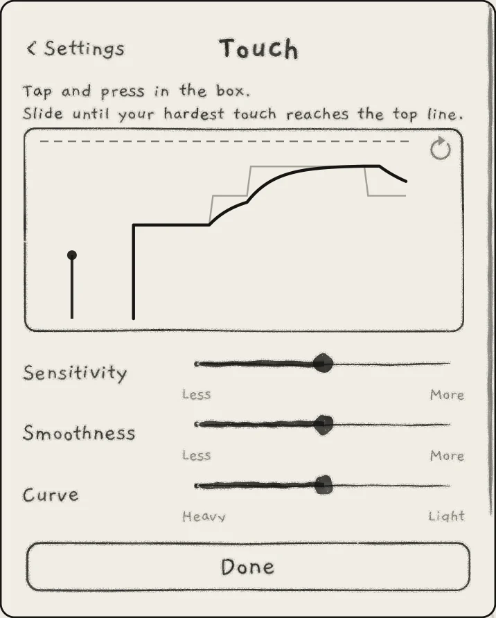 Settings › PLAYING › Touch on an iPhone: a tap and a held press in the box, with the sliders below.